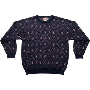 Top Knit Argyle Sweater Large Navy Blue Baby Alpaca Wool Crewneck Dark Academia